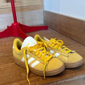 adidas Women’s Yellow Suede Sneakers with White Stripes